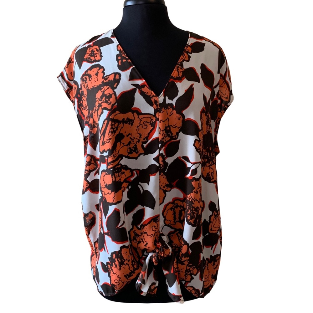 ALLISON JOY Floral Blouse Sleeveless Large Brown Orange Tie Waist EVEREVE